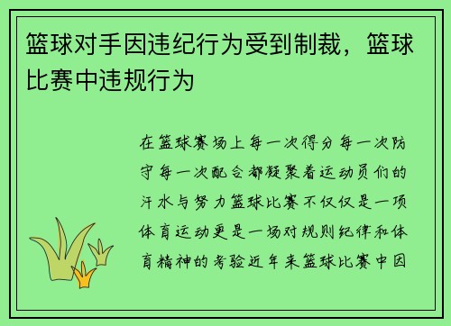 篮球对手因违纪行为受到制裁，篮球比赛中违规行为