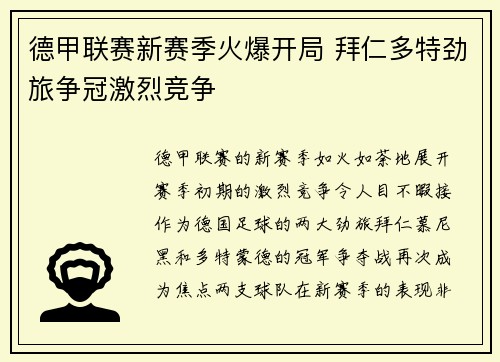 德甲联赛新赛季火爆开局 拜仁多特劲旅争冠激烈竞争