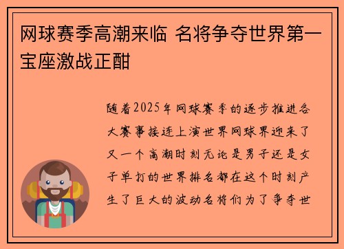 网球赛季高潮来临 名将争夺世界第一宝座激战正酣