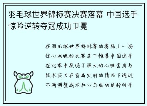 羽毛球世界锦标赛决赛落幕 中国选手惊险逆转夺冠成功卫冕